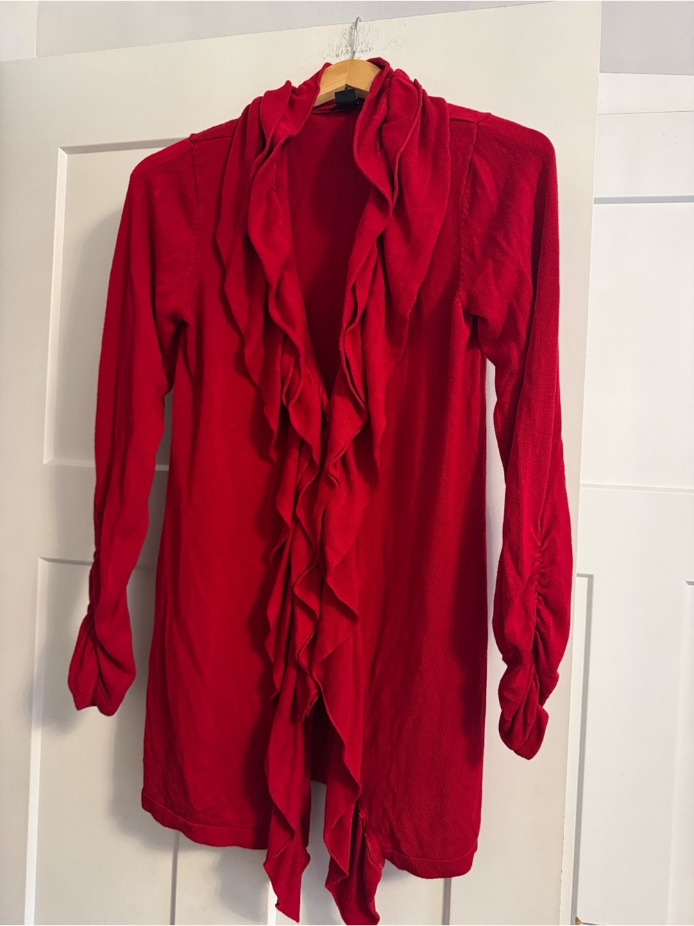 Renuar Bright Red Ruffle-Front Open Tunic